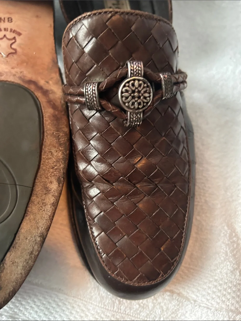 Brighton Men’s Dark Brown Woven Leather Slip-On Loafers with Decorative Bit